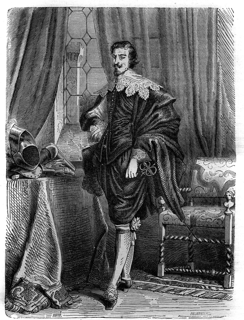 صورة لتوماس وينتورث (1593-1641) ، إيرل سترافورد ، رجل دولة إنجليزي ، فارس الرباط وشخصية مهمة في الأحداث التي سبقت الثورة الإنجليزية الأولى. نقش في "" تاريخ الباباوات (...) جرائم الملكة الملك وإيمبي بواسطة المدرسة الفرنسية