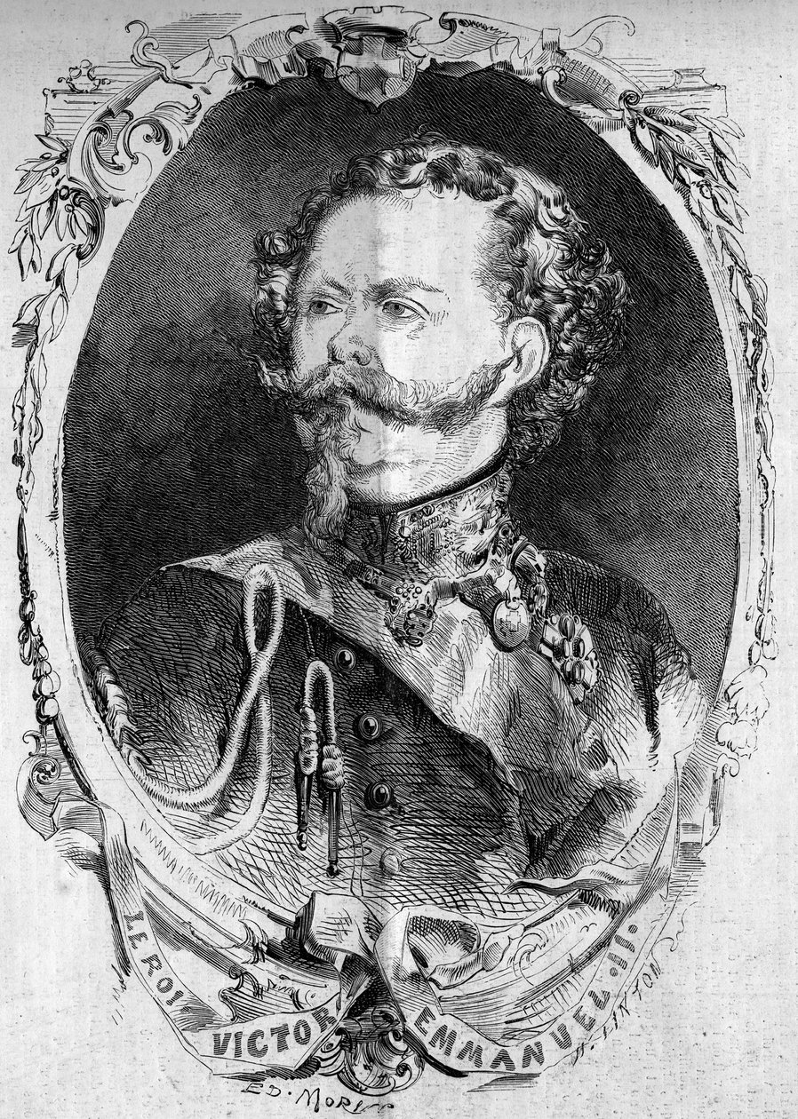 صورة لفيكتور عمانويل الثاني (فيتوريو إيمانويل) (فيكتور إيمانويل) (1820-1878) ، ملك سردينيا وملك إيطاليا في المستقبل. نقش في "" Le Monde Illustré "" رقم 95 بتاريخ 5 فبراير 1859. بواسطة المدرسة الفرنسية