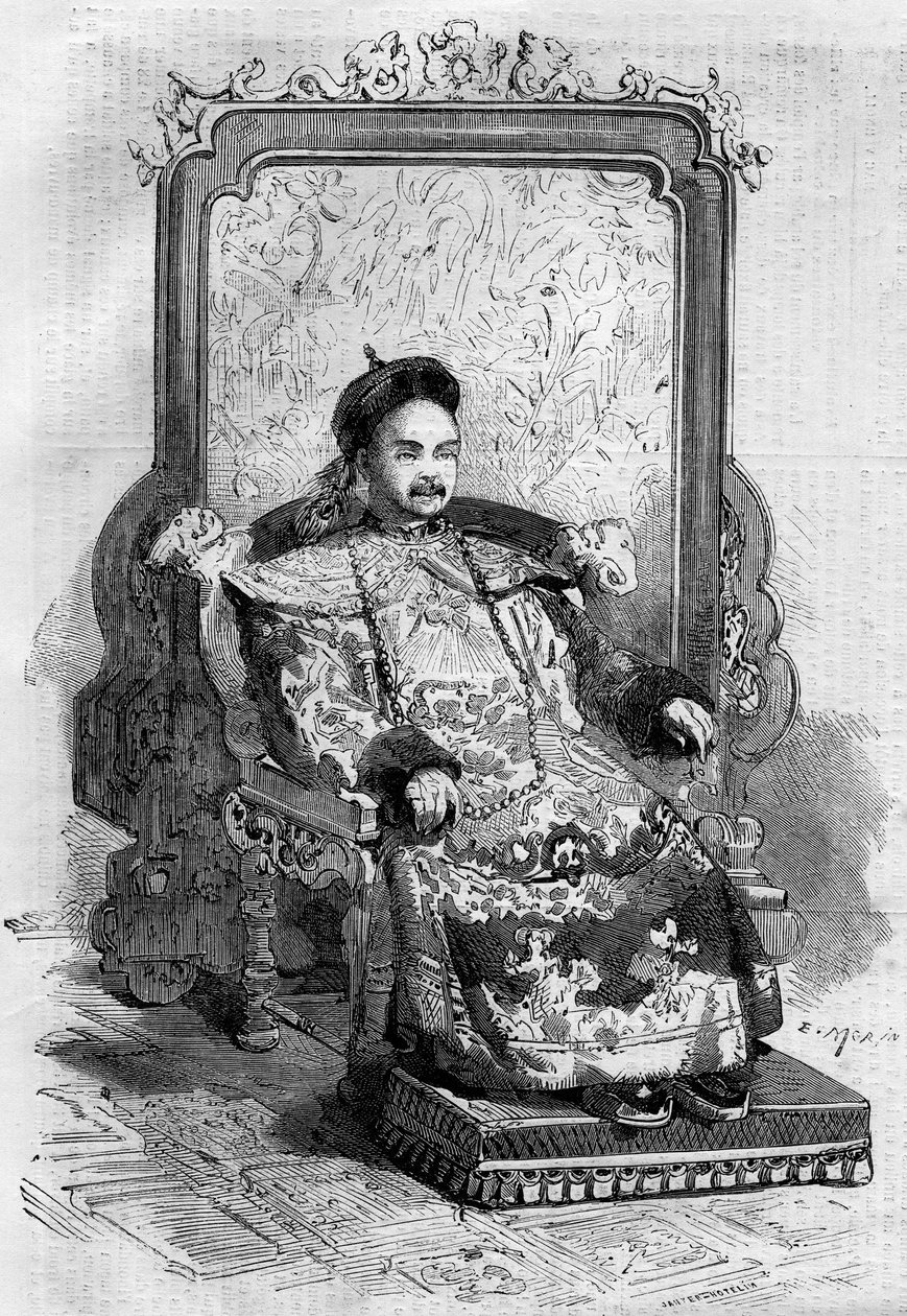 صورة لشيان فنغ (1831-1861) ، إمبراطور الصين في عهد أسرة تشينغ. نقش في "" Le Monde Illustré "" رقم 199 بتاريخ 2 فبراير بواسطة المدرسة الفرنسية