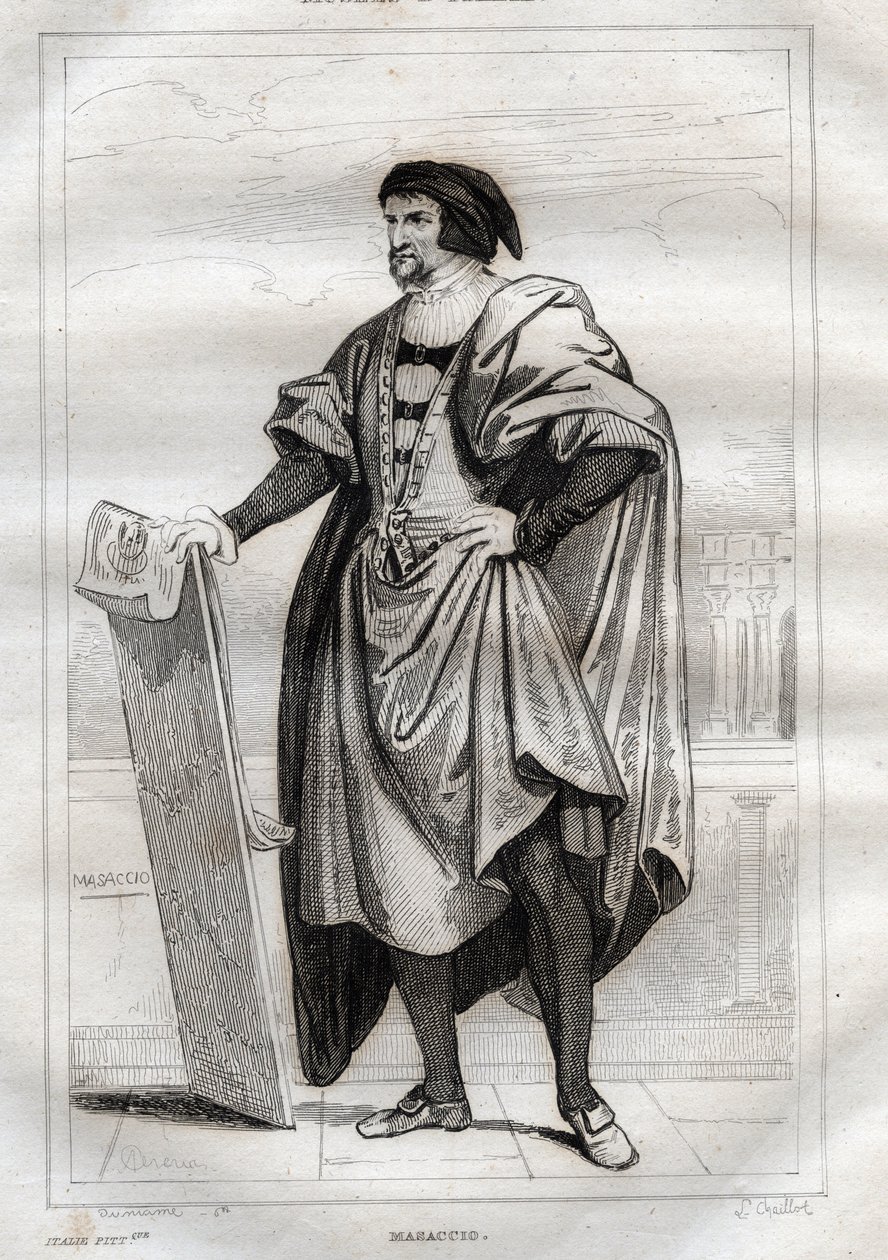 صورة للرسام الإيطالي Masaccio (Tommaso di Giovanni Cassai) (1401-1428) - نقش من "" Italy Picturesque "- الرسم التاريخي والوصف لإيطاليا" بواسطة M. de Norvins، Ch. نودير 1834-1836. بواسطة المدرسة الفرنسية