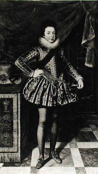 صورة للرضيع لويس الثالث عشر (1601-43) ملك فرنسا ونافار ، حوالي 1611 (زيت على قماش) (صورة بالأبيض والأسود) بواسطة المدرسة الفرنسية