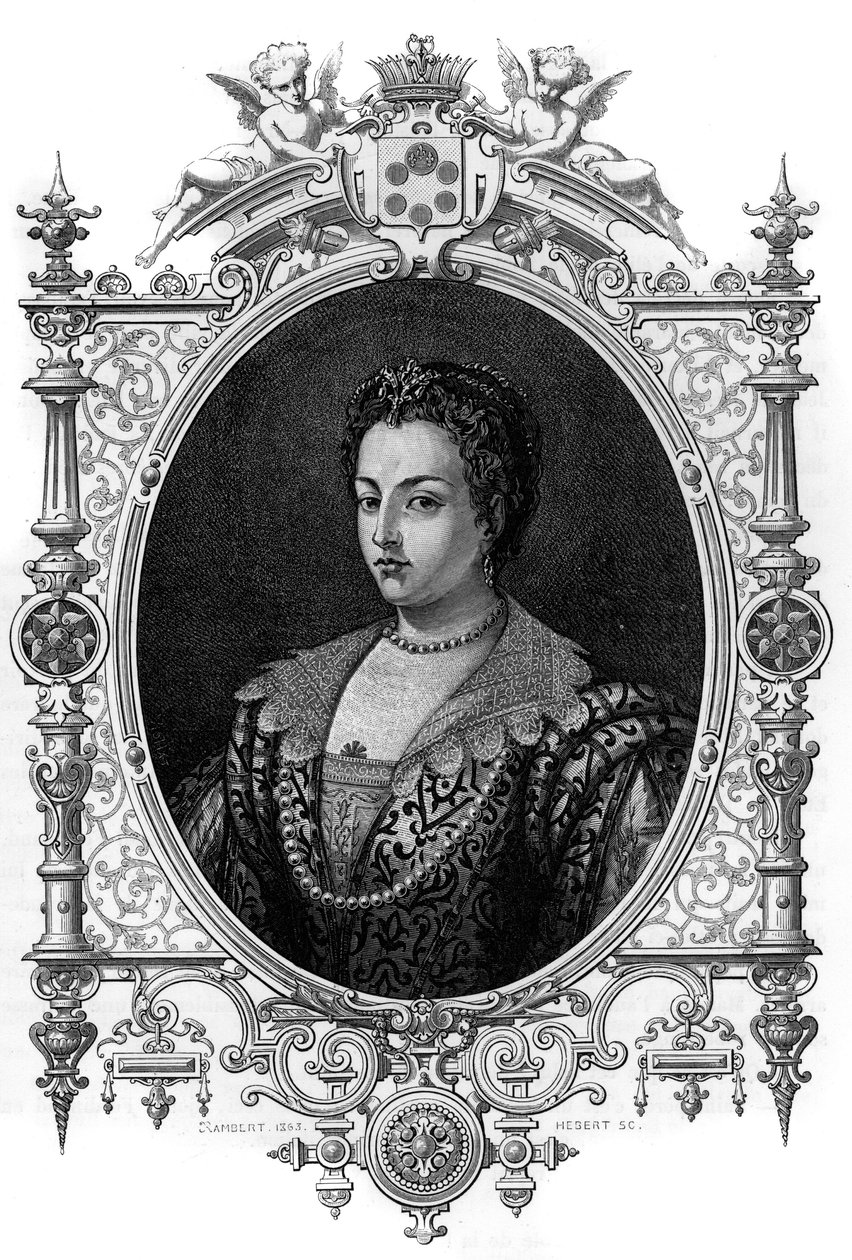 صورة لمدينة البندقية بيانكا كابيلو (1548-1587) ، زوجة فرانسوا دي ميديسي (فرانشيسكو دي ميديشي). نقش عام 1862 في "ملكات العالم" لكتابنا الأوائل. تم نشر الكتاب تحت إشراف JGD ARMENGAUD. بواسطة المدرسة الفرنسية