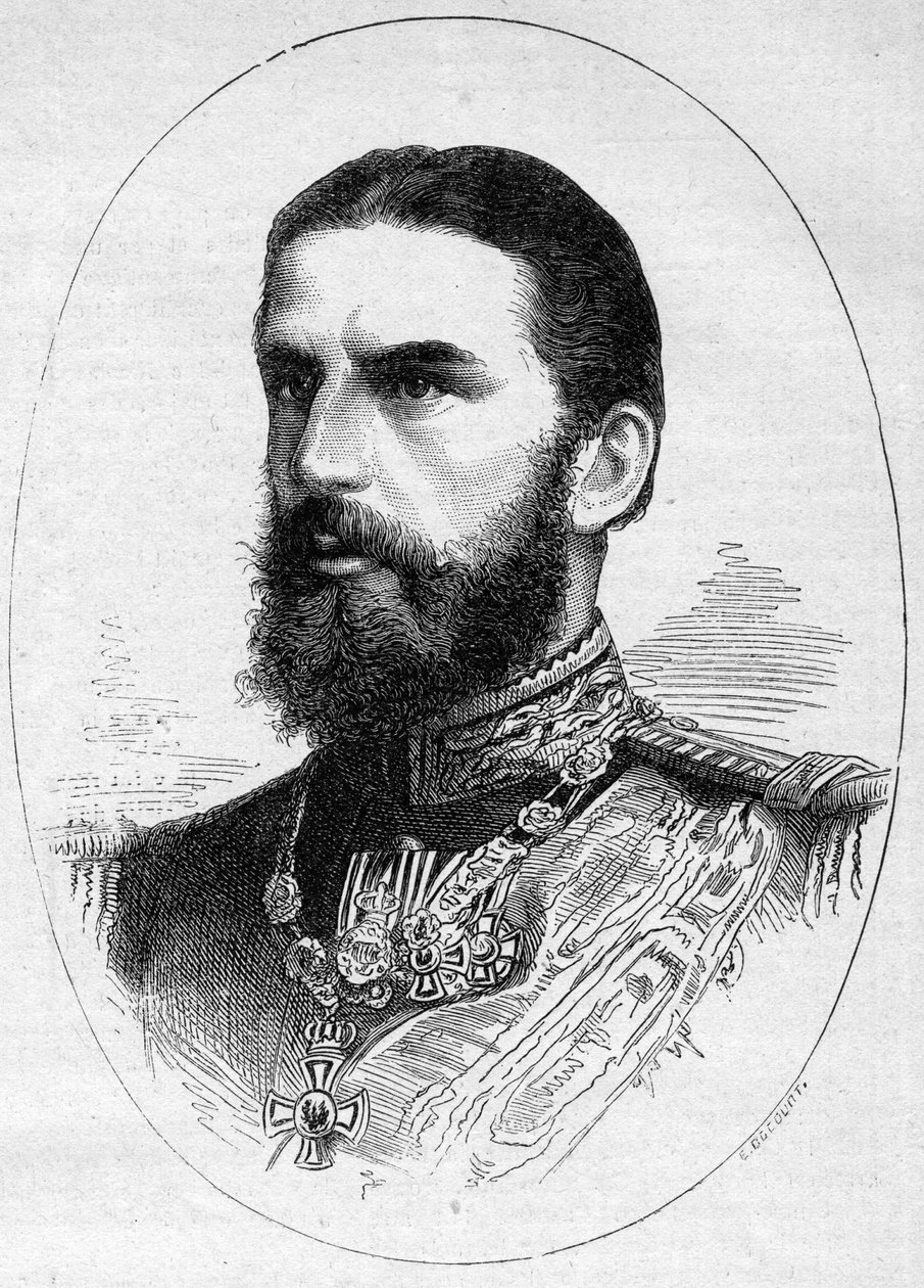 صورة لأمير رومانيا تشارلز دي Hoenzolern Sigmaringer (1839-1914) ، ملك المستقبل تحت اسم تشارلز الأول (كارول الأول). نقش في "" Le Monde Illustré "" رقم 1054 بتاريخ 23 يونيو 1877. بواسطة المدرسة الفرنسية