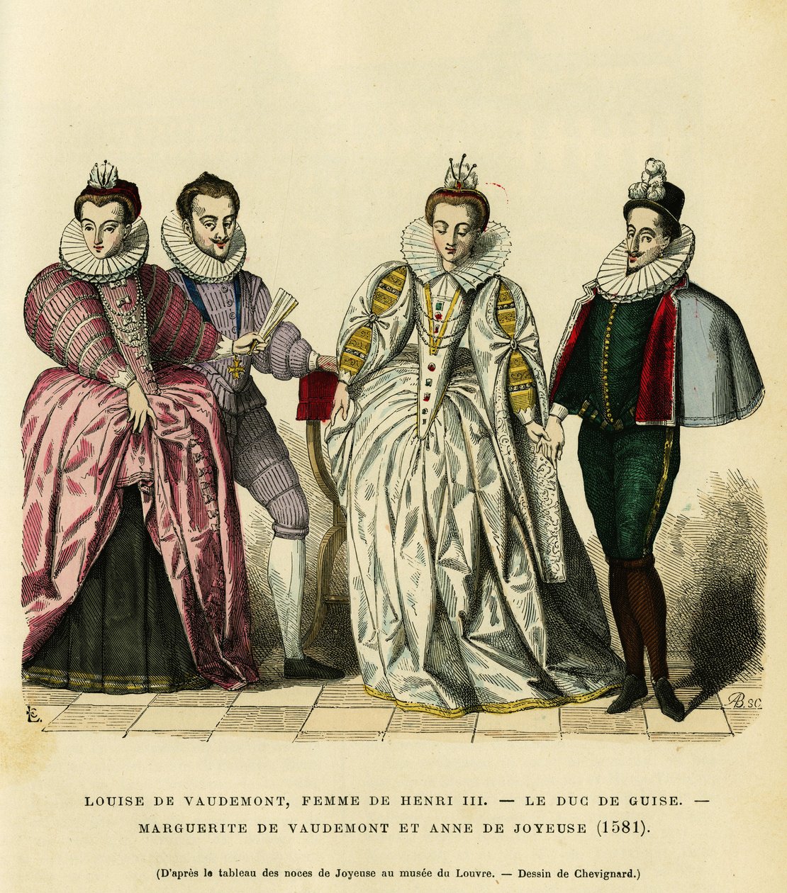 Portraits in 1581, of Louise de Vaudemont (1553-1601), Queen of France, wife of Henry III (1551-1589), of the third Duke of Guise, Henri I, known as the Balafre (1549-1588), of Marguerite of Lorraine (1564-1625) daughter of the Count of Vaudemont (Nicolas  بواسطة المدرسة الفرنسية