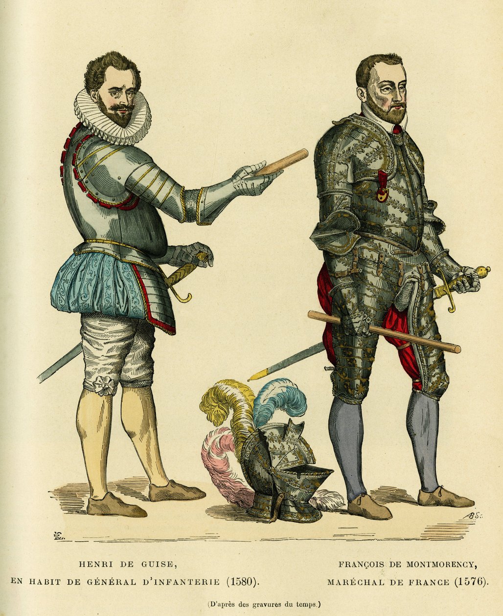 Portraits of Henri I de Guise, known as the Balafre (1549-1588) in the coat of infantry general in 1580 and of Francois de Montmorency (1530-1579), marechal of France around 1576. Colour engraving, in “France et les francais a travers les siecles”” by Augu بواسطة المدرسة الفرنسية