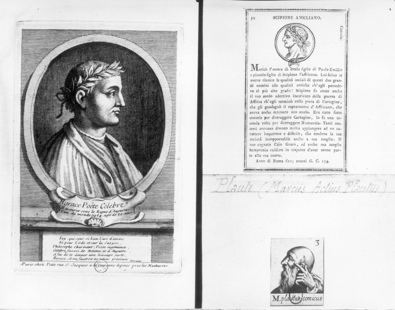 صور هوراس (65-8 قبل الميلاد) Scipio (Africanus Major) (185-129 قبل الميلاد) و Plautus (c.254-184 قبل الميلاد) بواسطة المدرسة الفرنسية