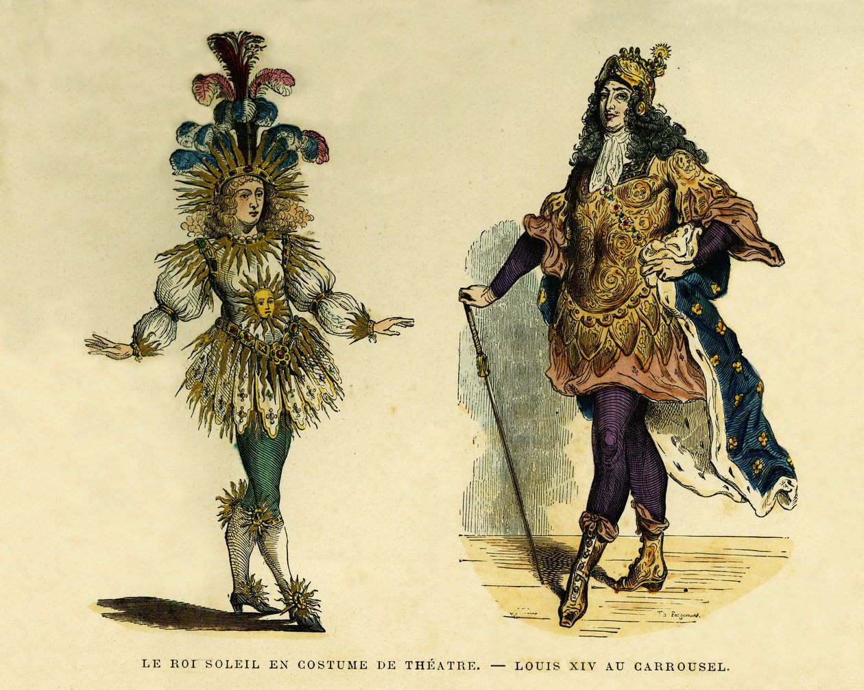 صور للملك لويس الرابع عشر (1638-1715) ، في زي مسرحي ودوامة. نقش بالألوان ، في "France et les francais a travers les years" بقلم Augustin Challamel ، محرر F.Roy ، باريس 1882. مجموعة سيلفا. بواسطة المدرسة الفرنسية