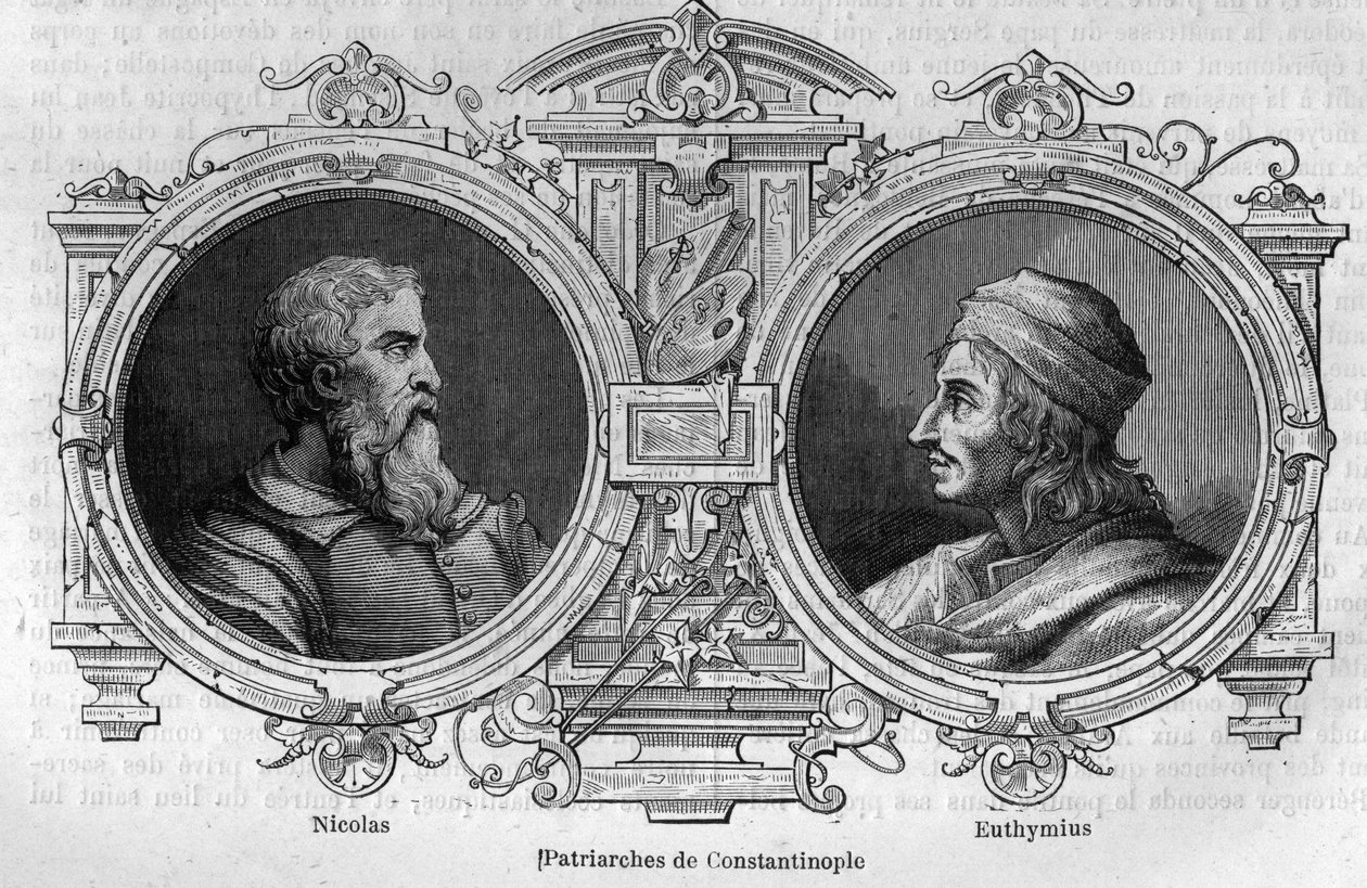 صور لنيكولاس الصوفي (القرن العاشر) و Euthymius of Athos (955-1028) ، بطاركة القسطنطينية. نقش في "Histoire des Papes-Rois-Queen و Empereurs a travers les years" بقلم موريس لاشاتر بواسطة المدرسة الفرنسية