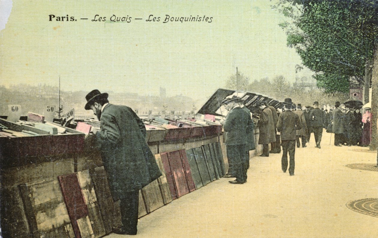بطاقة بريدية تصور Bouquinistes على طول الضفة اليسرى لنهر السين ، باريس ، قبل عام 1914 (صورة ملونة) بواسطة المدرسة الفرنسية