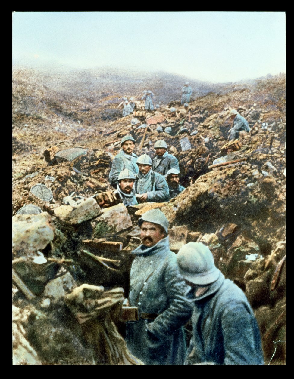 بطاقة بريدية تصور الجنود الفرنسيين في الخنادق ، 1914-1918 (صورة ملونة) بواسطة المدرسة الفرنسية