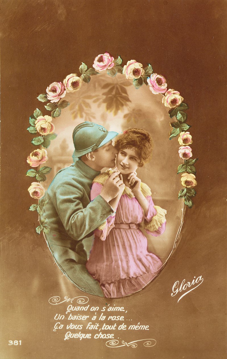 بطاقة بريدية تصور جنديًا فرنسيًا وعشيقته ، 1914-1918 (صورة ملونة) بواسطة المدرسة الفرنسية
