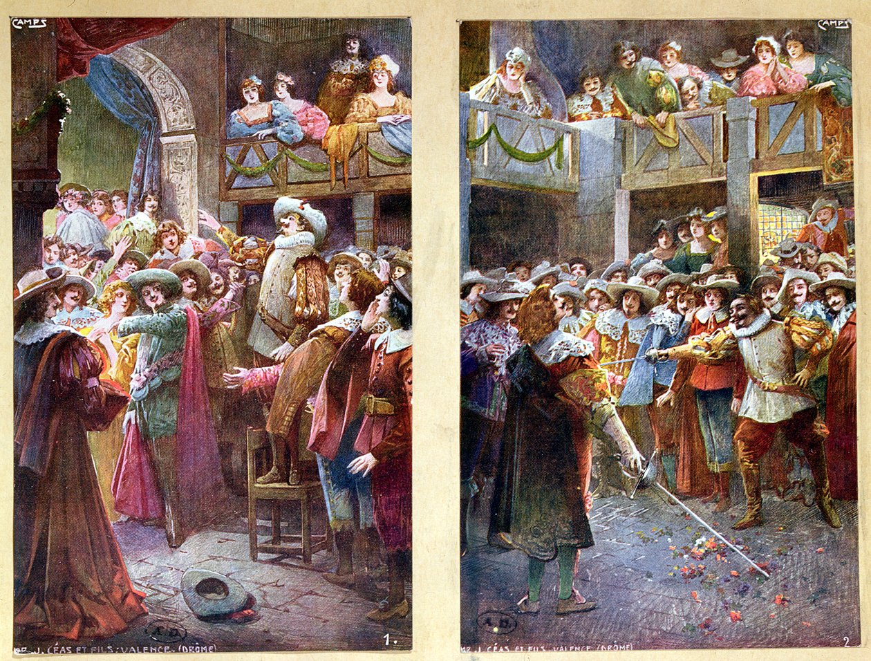بطاقات بريدية تصور Cyrano de Bergerac والمبارزة في فندق de Bourgogne ، c.1900 بواسطة المدرسة الفرنسية