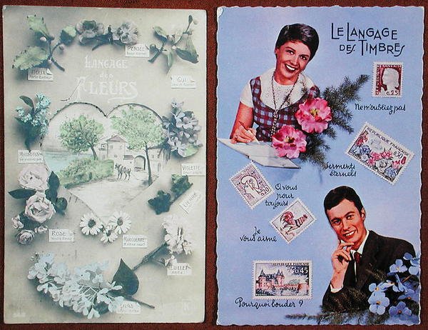 بطاقات بريدية تصور لغة الزهور ، ج. 1913 والطوابع ، ج. 1963 (لون ليثو) بواسطة المدرسة الفرنسية
