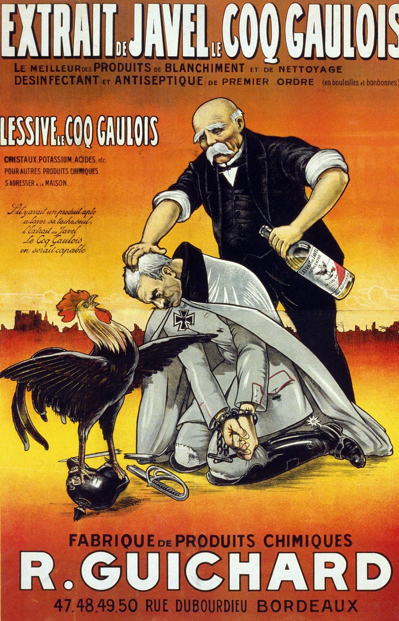 ملصق "" Bleach Extract Le Coq Gaulois - أفضل منتجات التبييض والتنظيف - مطهر ومطهر من الدرجة الأولى (في زجاجات وزجاجات) - Manufacture de produits chimiques René Guichard "" نُشر في بوردو في عام 1917. بواسطة المدرسة الفرنسية