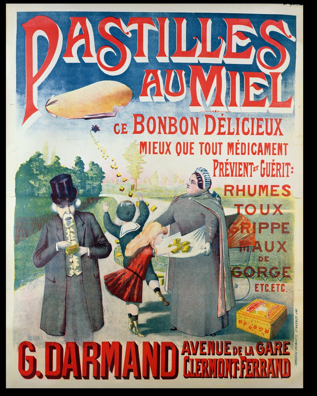 الإعلان عن الملصقات Pastilles au Miel ، معينات العسل ، من صنع G. Darmand بواسطة المدرسة الفرنسية