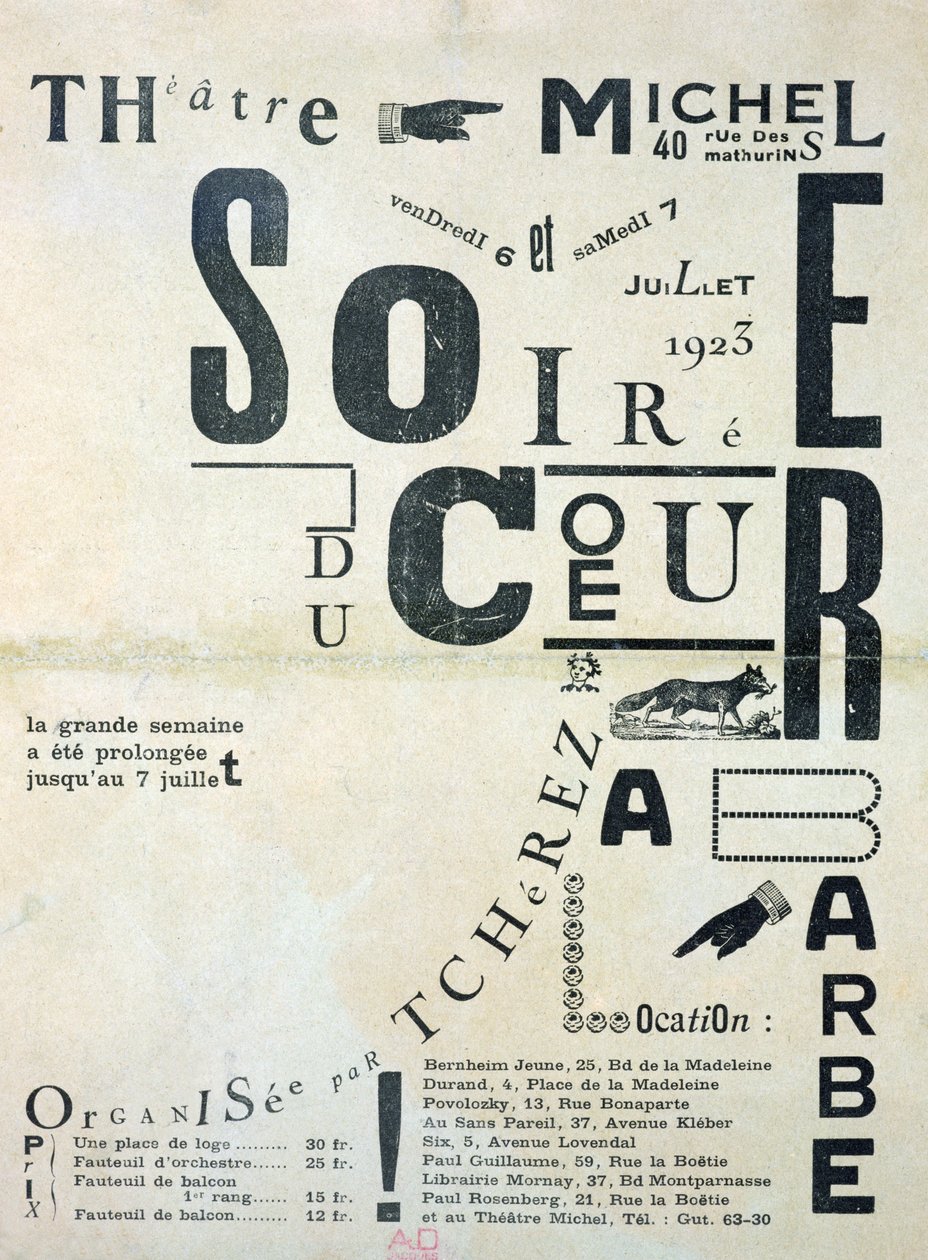 الإعلان عن الملصقات Soiree du Coeur a Barbe في مسرح ميشيل 6 و 7 يوليو 1923 بواسطة المدرسة الفرنسية