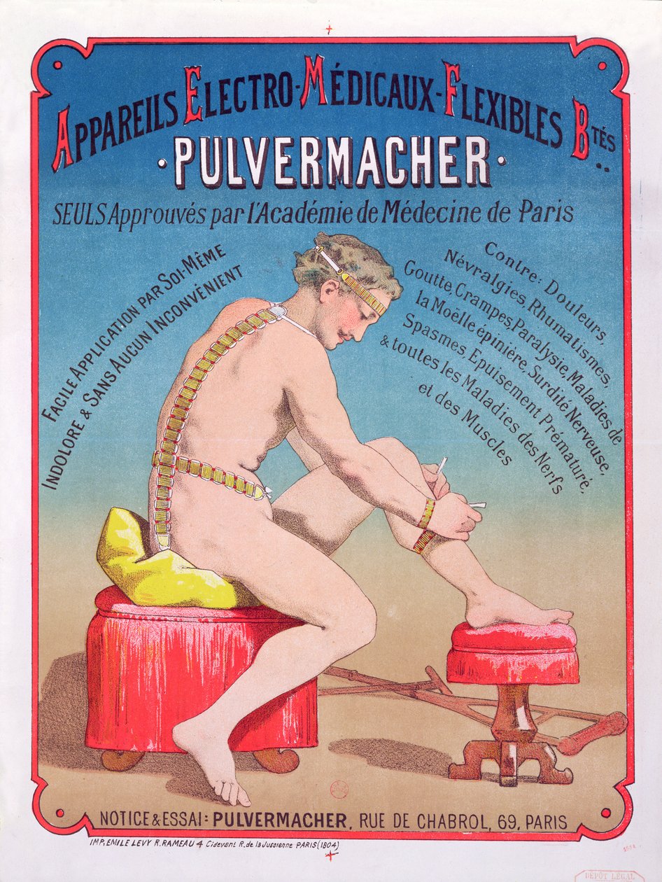 ملصق إعلاني عن آلة تدليك وتحفيز الجسم الكهربائية الطبية Pulvermacher، 1884 بواسطة المدرسة الفرنسية