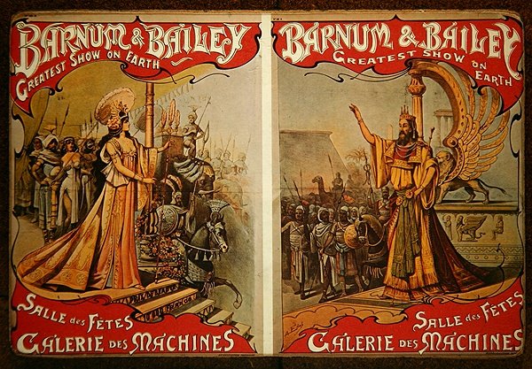 ملصق يعلن عن سيرك "بارنوم وبيلي" في Galerie des Machines ، حوالي 1900 (لون ليثو) بواسطة المدرسة الفرنسية