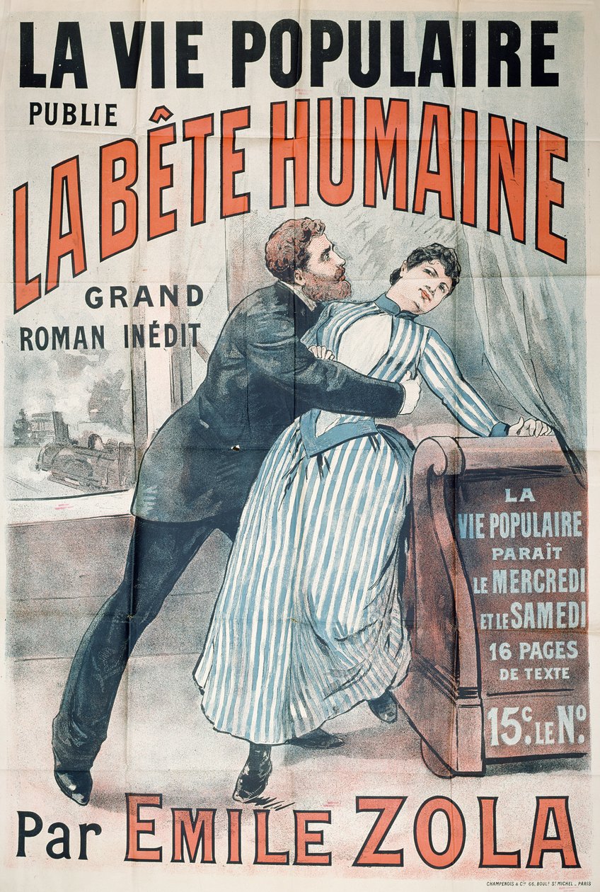 ملصق إعلاني نشر La Bete Humaine بواسطة Emile Zola (1840-1902) في La Vie Populaire ، c.1890 بواسطة المدرسة الفرنسية