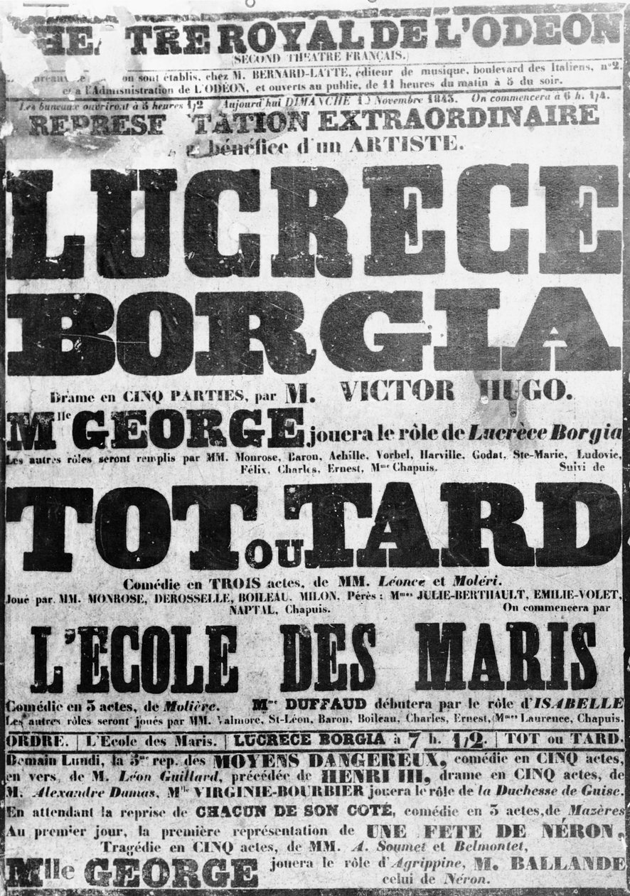 ملصق لأداء لوكريتيا بورجيا في أوديون ، 1843 بواسطة المدرسة الفرنسية