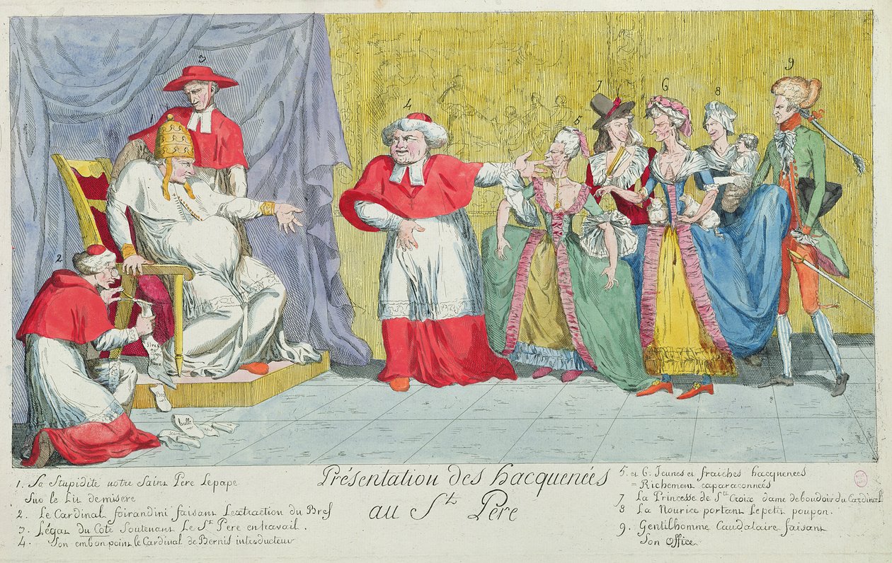 تقديم الأفراس إلى الأب الأقدس ، الكاريكاتير لإدخال أديليد (1732-1800) و فيكتوار دو فرانس (1733-1999) إلى البابا ، 17 أبريل 1791 بواسطة المدرسة الفرنسية
