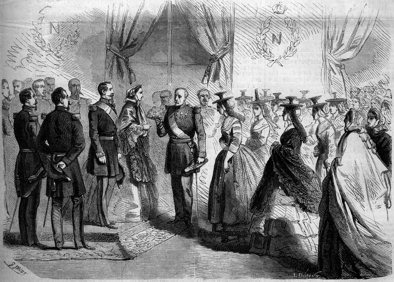 عرض تقديمي لنابليون الثالث (1808-1873) وللإمبراطورة أوجيني (1826-1920) المكونة من اثني عشر ماكونيز في زي البلد. ماكون وساون ولوار (71) بواسطة المدرسة الفرنسية