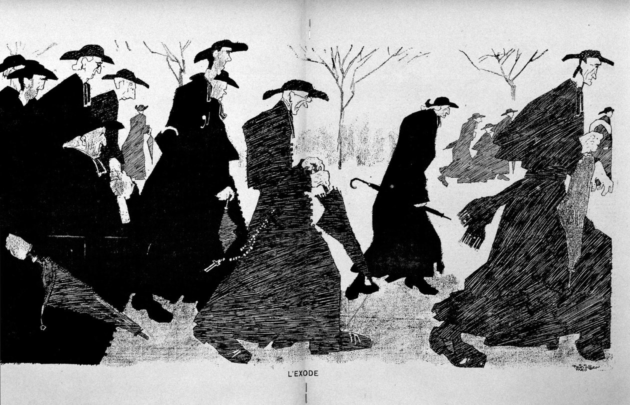 الكهنة في الصفوف يهربون (فصل الكنيسة عن الدولة) - في "الشاهد" بتاريخ 29/12/1906. بواسطة المدرسة الفرنسية