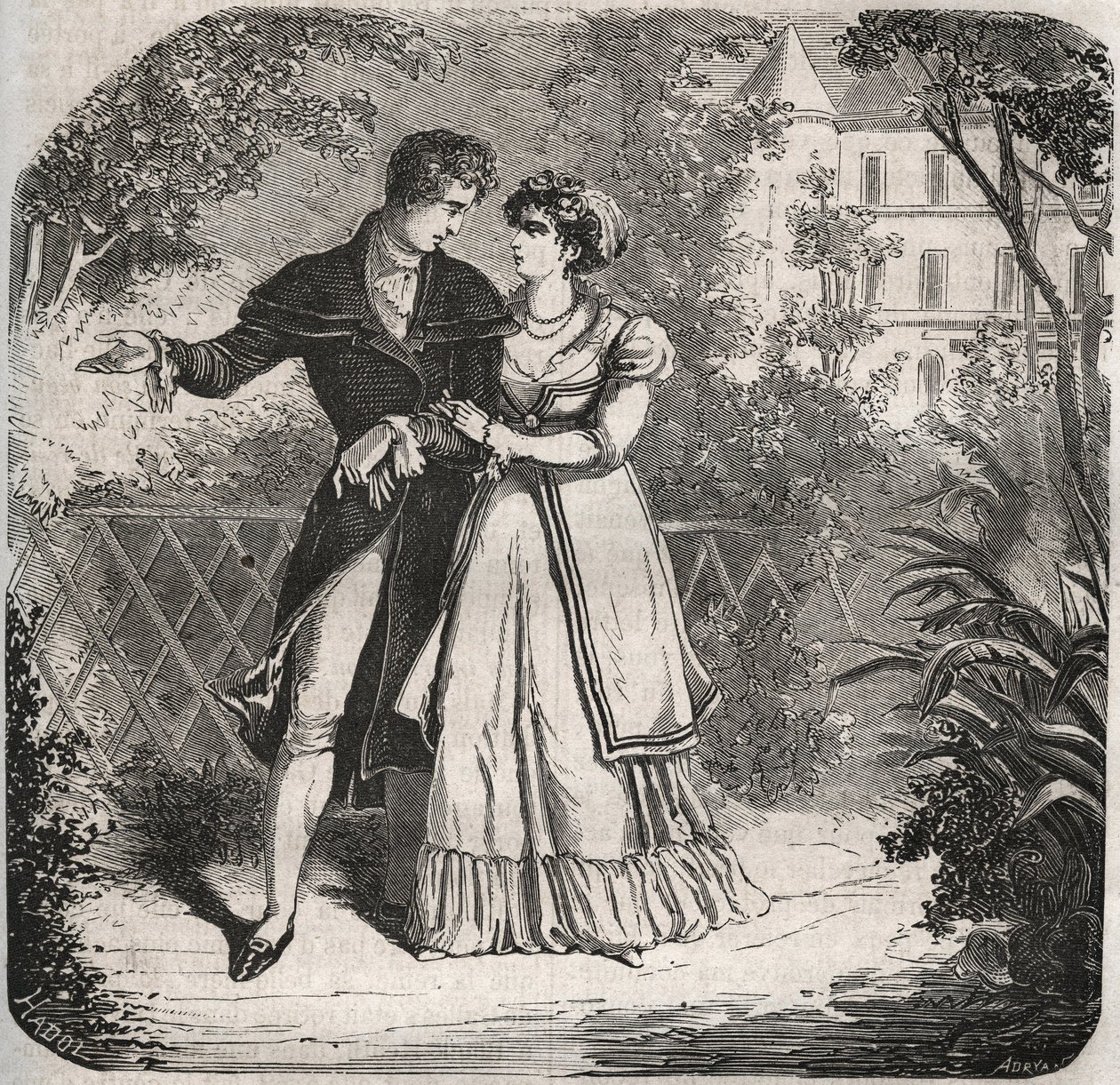 أميرة ويلز كارولينا برونزويك (1768-1821) تسير مع حبيبها بارتولوميو بيرجامي. نقش من عام 1871 في "Histoire Des Cocus Celebres" لهنري دي كوك (1819-1892). بواسطة المدرسة الفرنسية