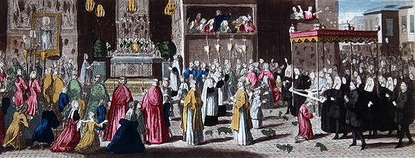 موكب خلال Fete-Dieu في باريس (نقش ملون) بواسطة المدرسة الفرنسية