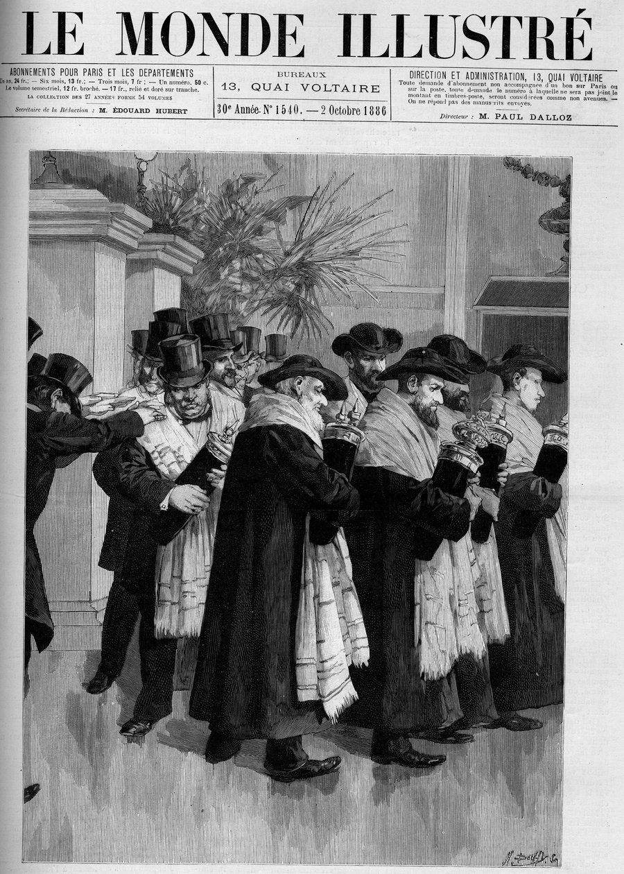 موكب افتتاح المعبد الإسرائيلي الجديد في فرساي. نقش في "العالم المصور" 1886. بواسطة المدرسة الفرنسية