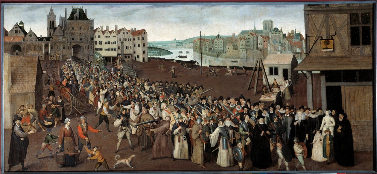 موكب الرابطة في Place de Greve يغادر رواق القديس جان في باريس لوحة المدرسة الفرنسية. 1590 الأحد. 1x2،12 م باريس ، متحف كارنافالي - موكب العصبة في ساحة غريف مغادرة أركيد سانت جان في باريس. لوحة من بواسطة المدرسة الفرنسية