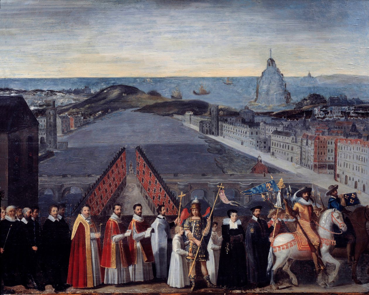 موكب المربى الباريسي من pelerins من لوحة Saint Michel du Mont sur le Pont Neuf Anonymous. القرن ال 17. خافت 0.80 × 1.05 م باريس ، متحف كارنافاليت بواسطة المدرسة الفرنسية
