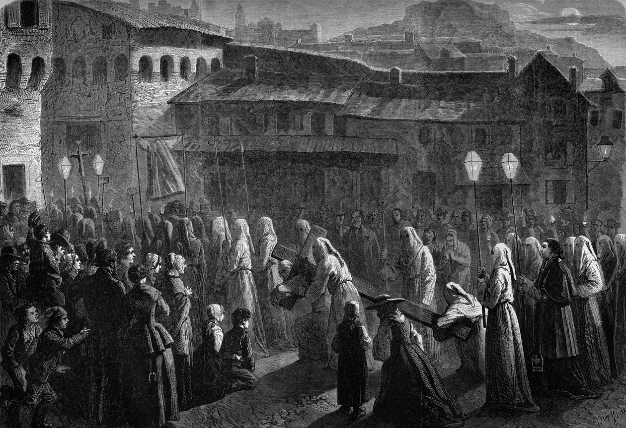 موكب Penitents de Confalais ، ازدحام ديني لجنوب فرنسا في Puy en Velay ، Haute Loire (43) بواسطة المدرسة الفرنسية