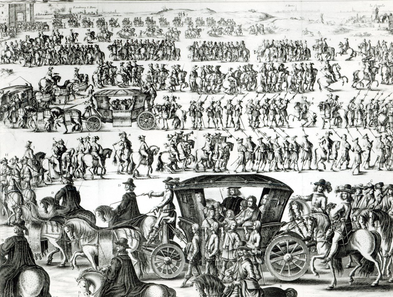 موكب دخول الملك الشاب لويس الرابع عشر كطفل في مدينة باريس في 18 أغسطس 1649 ، التفاصيل بواسطة المدرسة الفرنسية