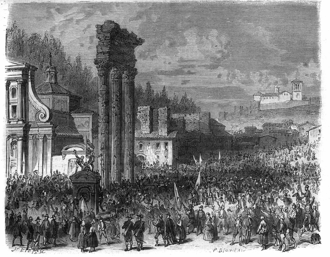 إعلان الجمهورية الرومانية في عام 1798. (إعلان ديلا ريبوبليكا رومانا nel 1878) نقش في "Histoire des Papes-King-Queen-and-Empereurs à travers les years" بقلم موريس لاكاتر بواسطة المدرسة الفرنسية