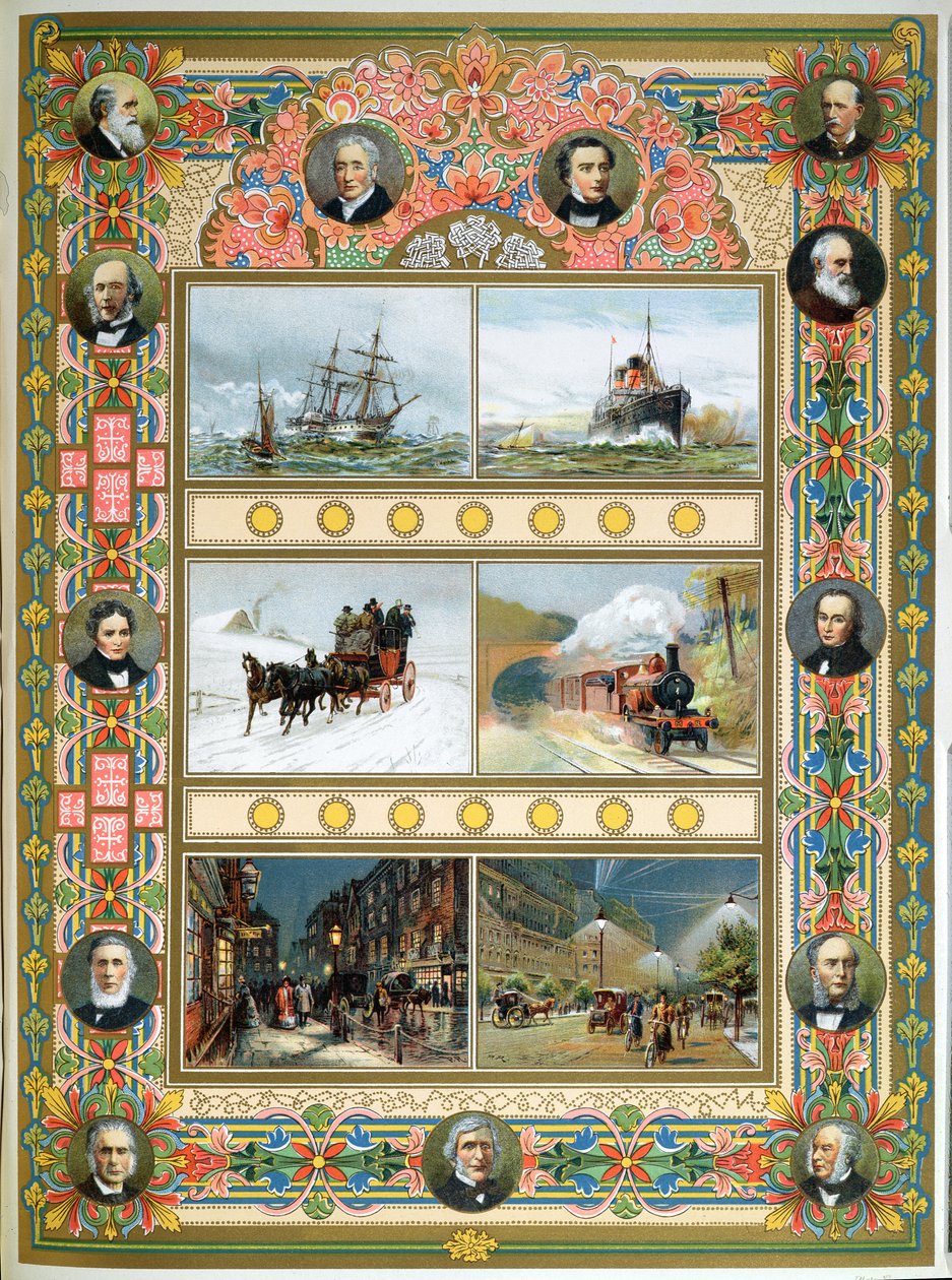 التقدم في عهد الملكة فيكتوريا (1819-1901). السفن الشراعية والسفن البخارية والقطارات البخارية وإنارة الشوارع بالغاز والكهرباء ، 1887 بواسطة المدرسة الفرنسية