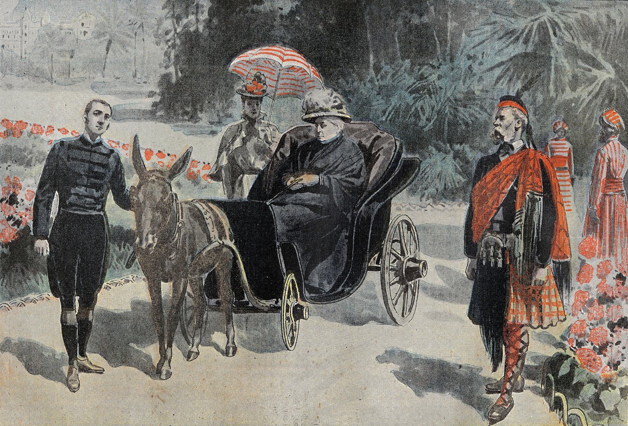 Promenade de Victoria I (1837-1901) ملكة إنجلترا ، في حديقة فندق Cimiez بالقرب من نيس. نقش في "" Le Pelerin "" 1899/03/26. بواسطة المدرسة الفرنسية