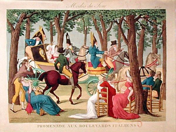 نزهة في جادة Italiens في باريس ، أوائل القرن التاسع عشر (نقش ملون) بواسطة المدرسة الفرنسية