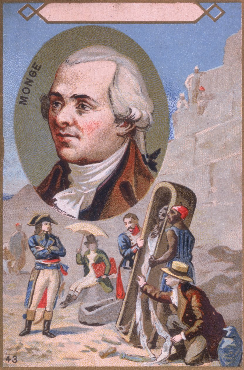 بطاقة ترويجية تصور جاسبارد مونج (1746-1818) تقدم مومياء لنابليون بونابرت (1769-1821) خلال الحملة المصرية ، أواخر القرن التاسع عشر بواسطة المدرسة الفرنسية