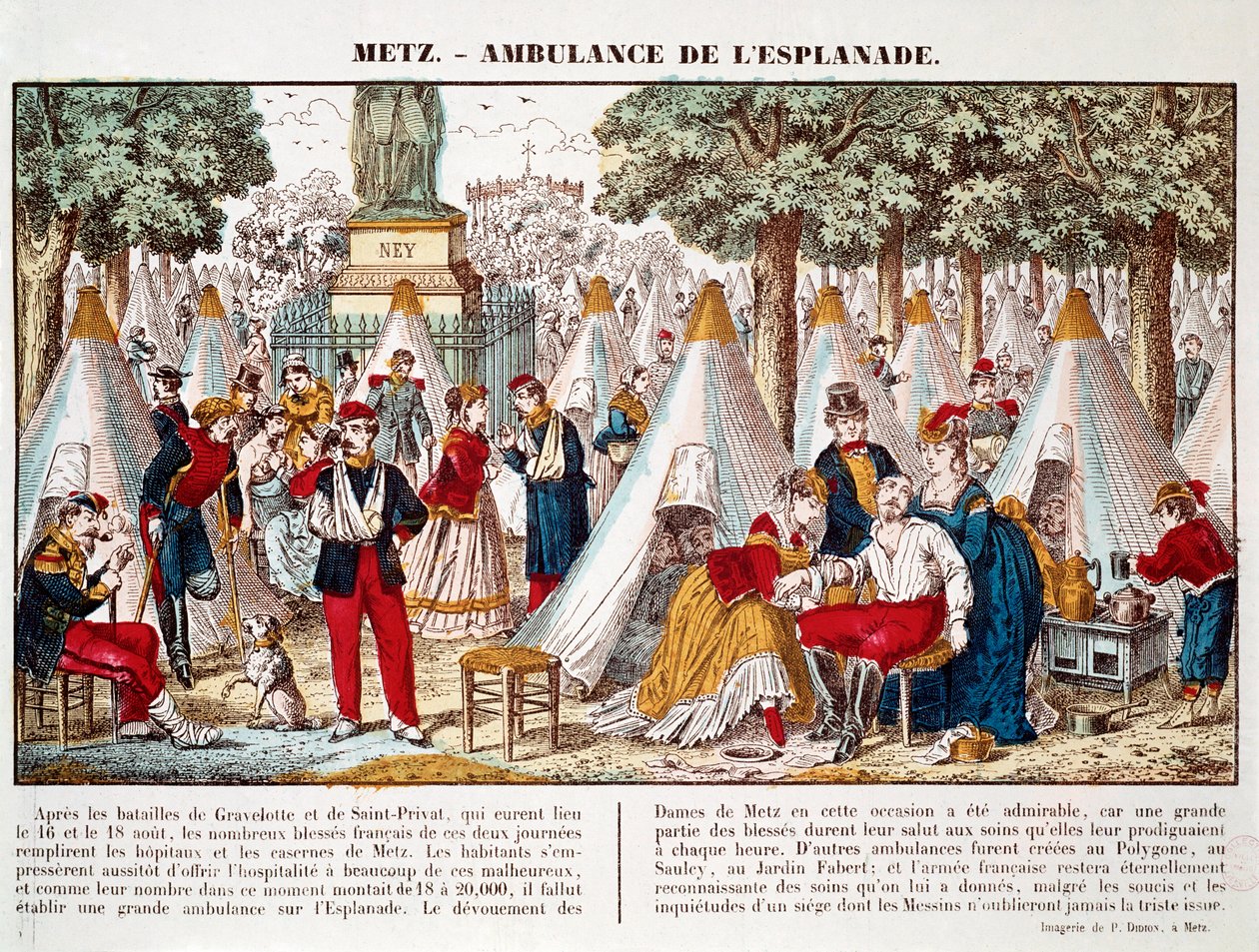 الحرب البروسية: نُصبت سيارة إسعاف في الساحة لعلاج الجرحى عام 1870 في ميتز (نقش) بواسطة المدرسة الفرنسية