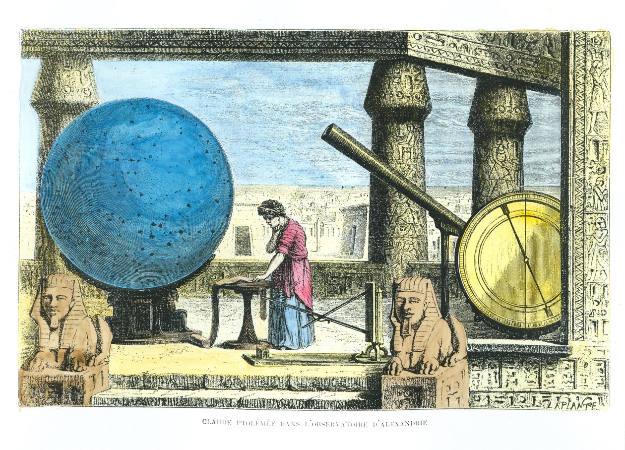 بطليموس (c.90-168) (كلوديوس بطليموس) في المرصد بالإسكندرية ، من La Vie des Savants رسوم لويس فجير (تلوين لاحق) بواسطة المدرسة الفرنسية