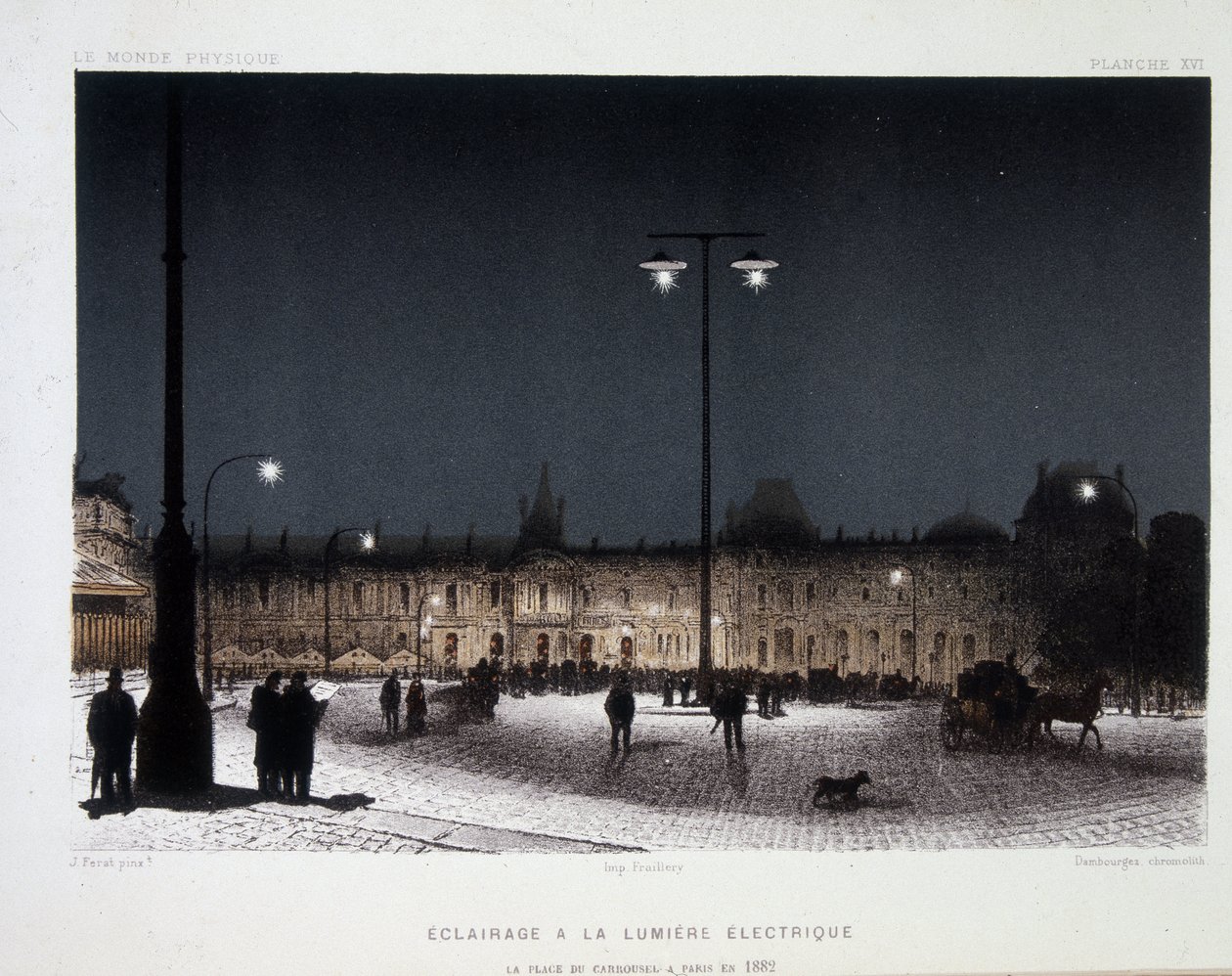 Public lighting with electric light on the place du carrousel in Paris 1883 - in “” Magnetism and Electricite”” by Amedee Guillemin بواسطة المدرسة الفرنسية