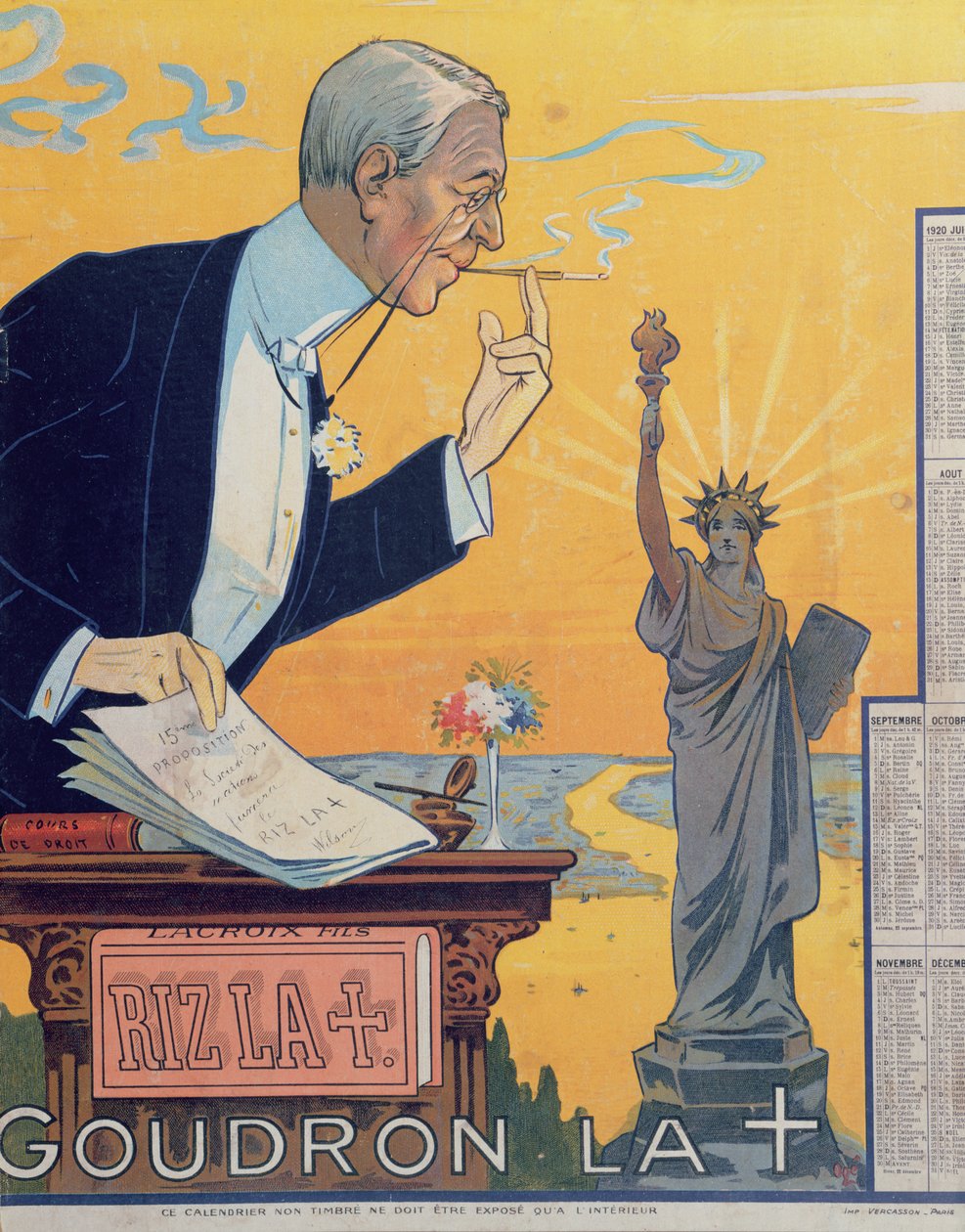 تقويم دعاية لمصنع ورق السجائر Rizla ، يصور الرئيس Woodrow Wilson (1856-1924) والاقتراح الخامس عشر لعصبة الأمم ، 1920 بواسطة المدرسة الفرنسية