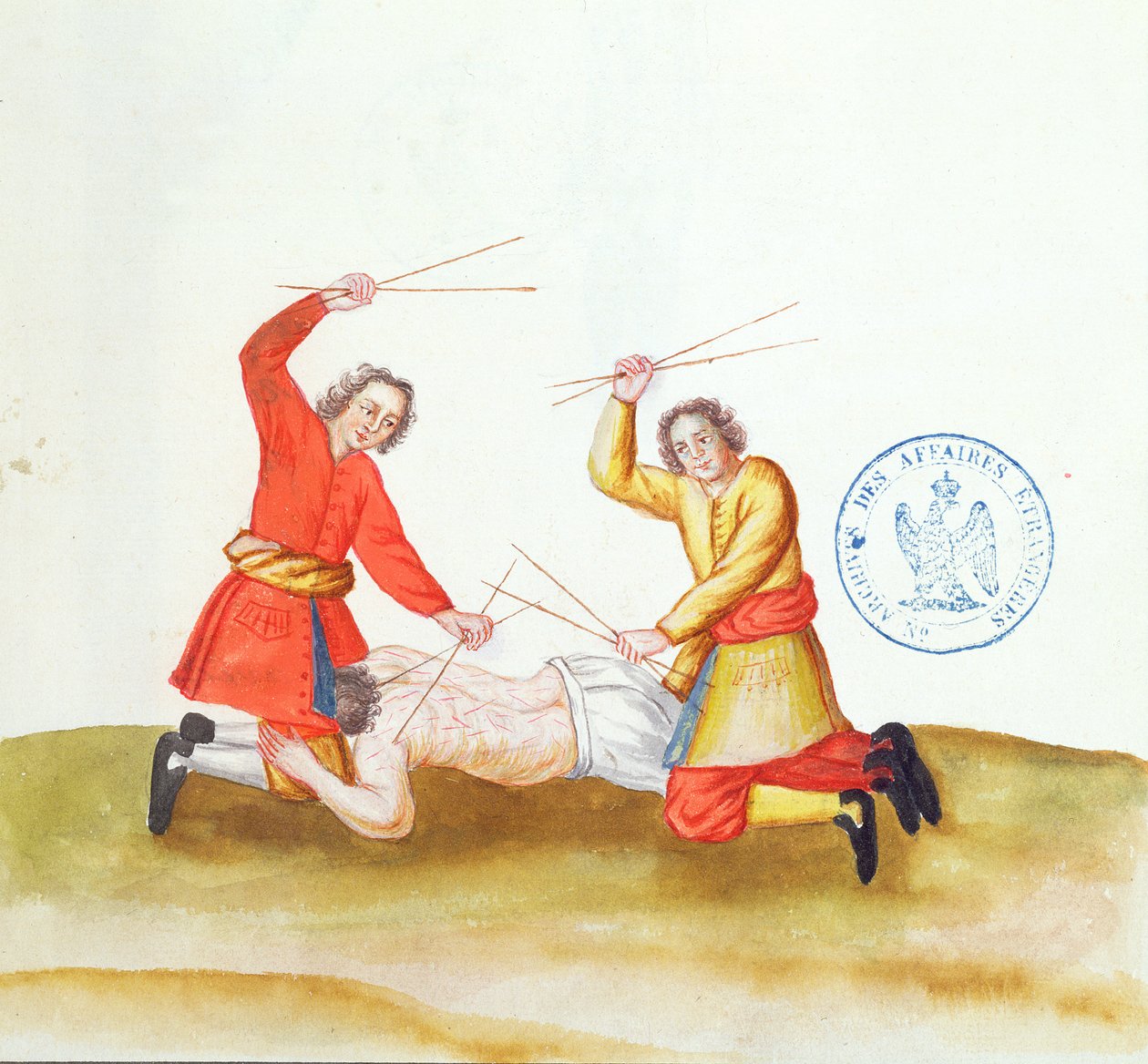 عقاب بالعصي ، من فوييج أون روسي ، 1731 (قلم وحبر ومرحاض على ورق) بواسطة المدرسة الفرنسية
