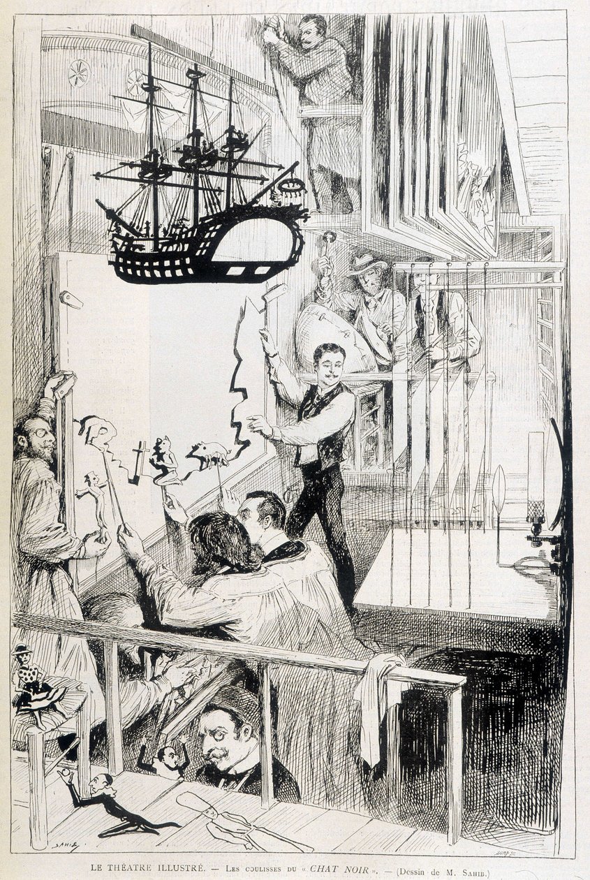 محركي الدمى خلف كواليس شات نوار ، ملهى باريسي - في "Le Monde Illustré" "من 28/01/1888. بواسطة المدرسة الفرنسية