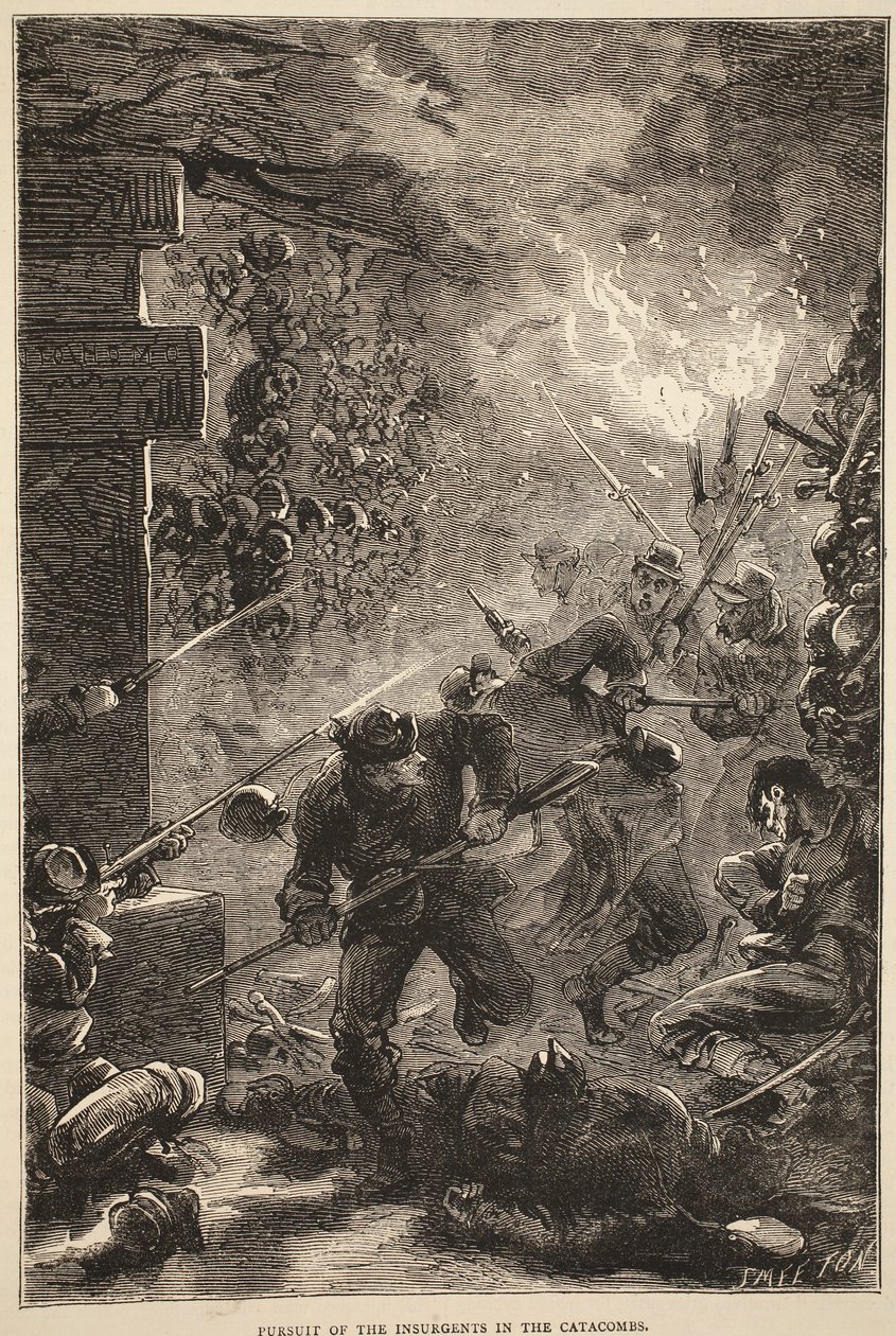 السعي وراء المتمردين في سراديب الموتى ، مايو 1871 ، رسم توضيحي من كاسيلس تاريخ الحرب بين فرنسا وألمانيا ، 1870-1871 بواسطة المدرسة الفرنسية