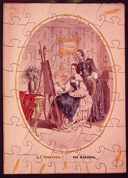 قطع الألغاز التي تصور امرأة ترسم على حامل ، حوالي 1840-50 (لون ليثو) بواسطة المدرسة الفرنسية