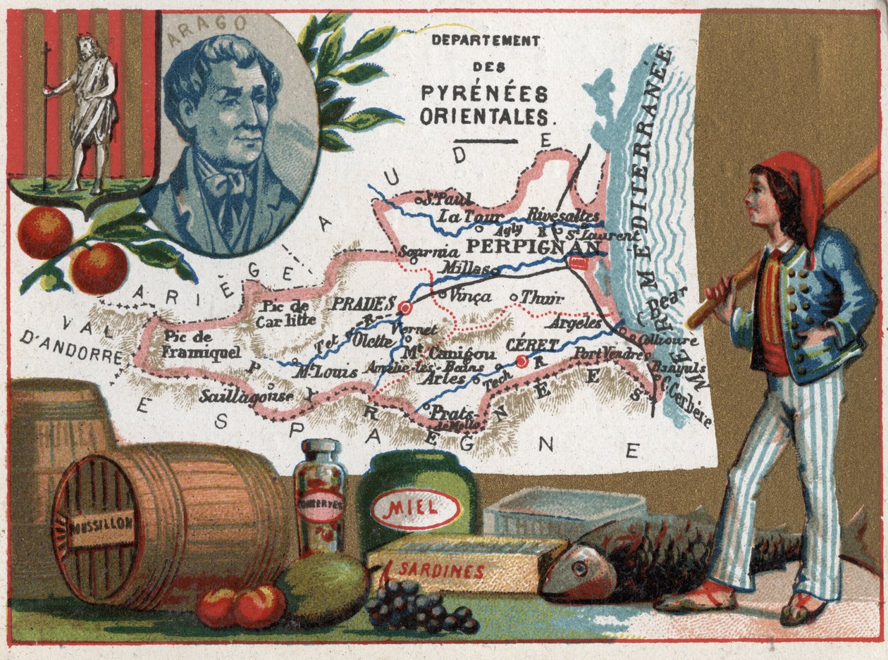 بيرينيه أورينتاليس (66) ، لانغدوك روسيون ، لانغدوك روسيون ، فرنسا. صورة لدومينيك فرانسوا جان أراغو (1786-1853). التخصص المحلي: العسل والسردين. سلسلة عن الأقسام الفرنسية. الطباعة الحجرية الملونة (Chromo) "" الخيط الجغرافي بواسطة المدرسة الفرنسية