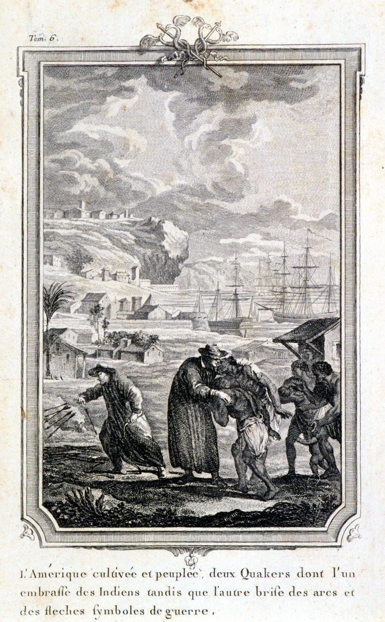 Quaker missionaries trying to evangelize the Indians of America - engraving بواسطة المدرسة الفرنسية