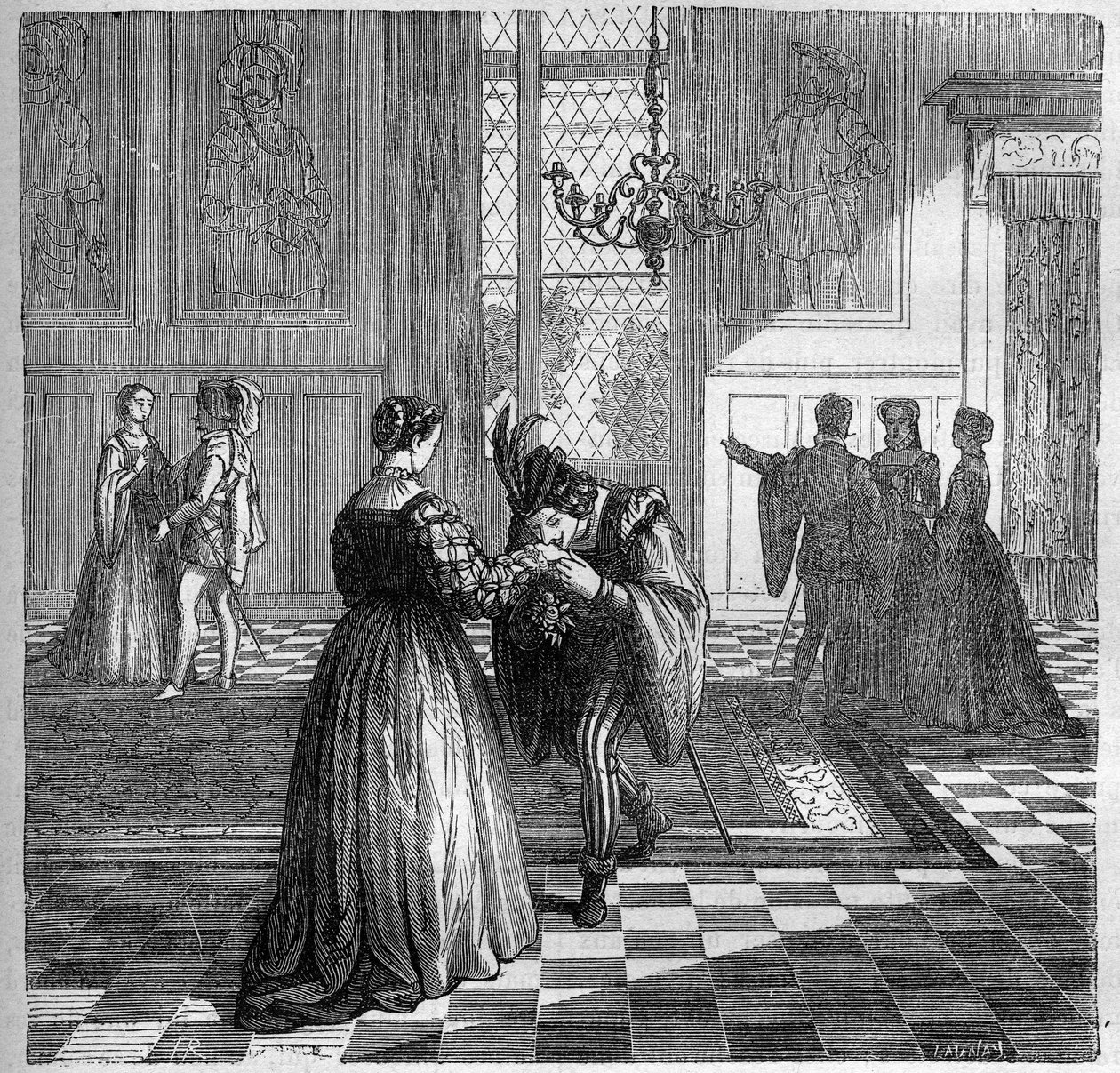 الملكة مارغريتا ملكة نافارا (1492-1549) تلتقي ببوميني. نقش في "تاريخ الدعارة والفجور بين جميع شعوب العالم من العصور القديمة وحتى يومنا هذا" للدكتور ث. -F. ديبريه. 1879. بواسطة المدرسة الفرنسية